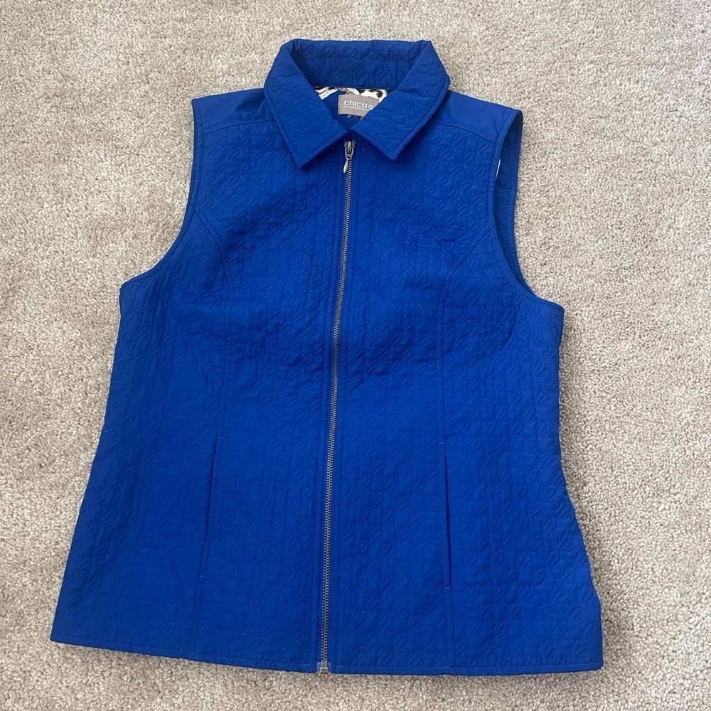 Chico's Royal Blue Quilted Vest Leopard Chain‎ Print Lining Full Zip Collared 1